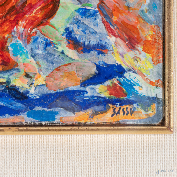 Aligi Sassu (1912-2000), Il rosso grande cavallo, 1985, olio su cartone, cm 16,5x25, firmato in b...