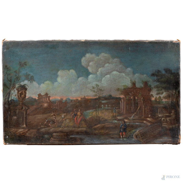 Capriccio architettonico con figure, XIX-XX secolo, olio su tela, cm 37,5x63,5, (segni di usura, abrasioni, craquelure, piccole cadute di colore)