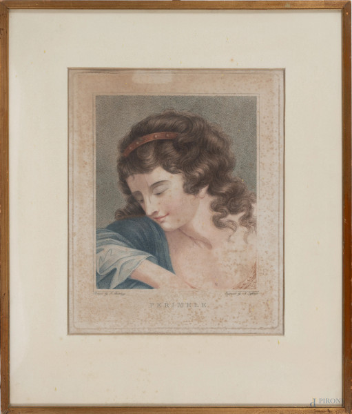 Stampa da F. Bartolozzi, Perimele, XIX secolo, cm 56x47, compreso passepartout, entro cornice, (segni di usura, foxing, strappi, segni di umidità)