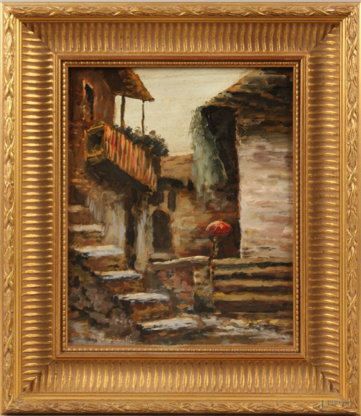 Scorcio di paese, olio su tavola, 31x25 cm, firmato A.Tominetti, entro cornice.