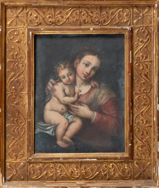 Madonna con Bambino, XIX secolo, olio su tela, cm 23x17, entro cornice, (segni di usura, sollevamenti e cadute di colore, lacerazioni, ondulazioni della tela, difetti)
