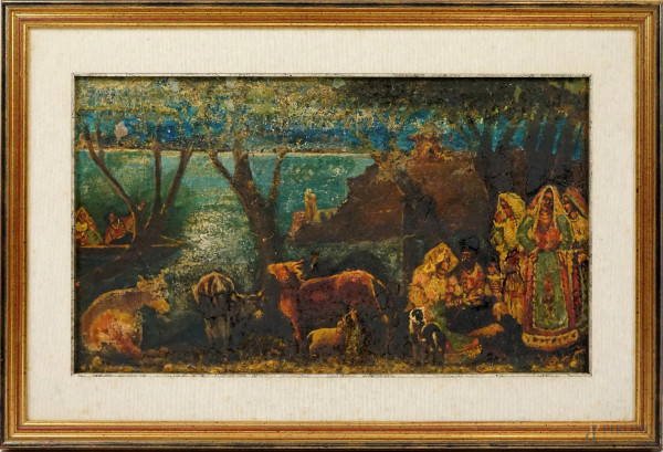Paesaggio sardo con figure ed armenti, olio su compensato, cm 34,5x61, entro cornice.