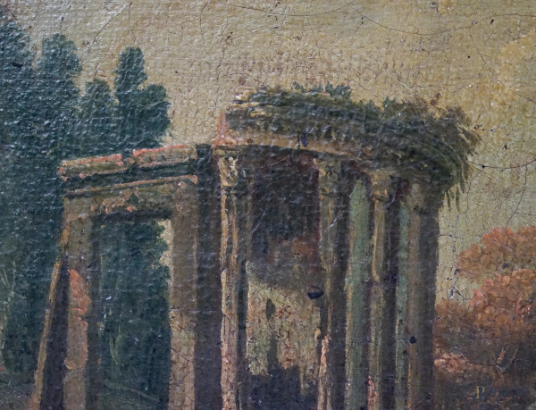 Veduta costiera con capriccio architettonico e figure, olio su tela riportata su cartone, cm 32,5...