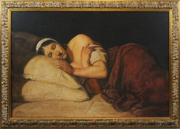Da Alexey Venetsianov (1780-1847), Ragazza che dorme, olio su tela, cm 80x120, XX secolo, entro cornice