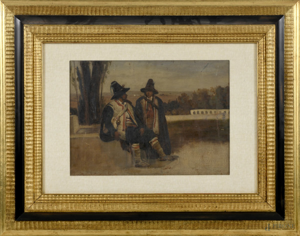 Zampognari, olio su tela applicata su masonite, XX secolo,  cm 30x41 entro cornice, (difetti)