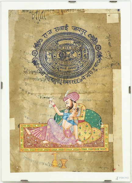 Amanti, scena dipinta a tecnica mista su carta stampata recante francobollo indiano "Court fee stamp Jaipur Government - Four Annas", cm 31,5x21,5, entro cornice, (difetti).