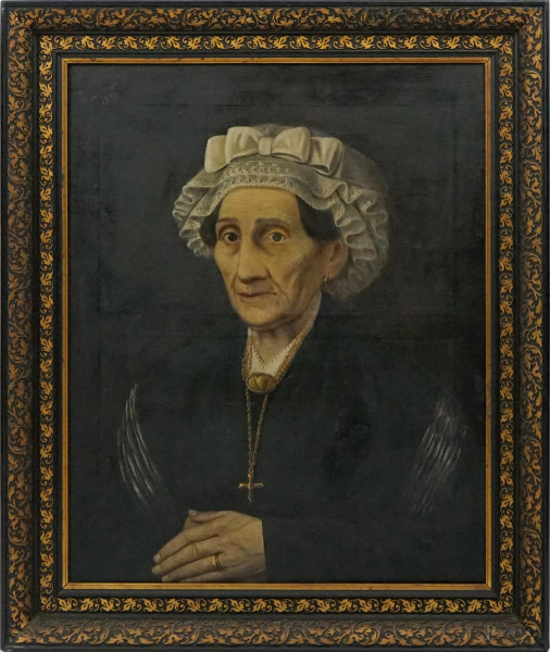 Ritratto di anziana, olio su tela, cm 66x53, firmato in alto a sinistra con dedica a tergo, entro cornice.