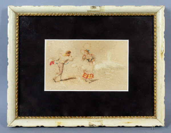 La tarantella, acquarello su carta, cm. 9x15, XIX secolo , entro cornice.
