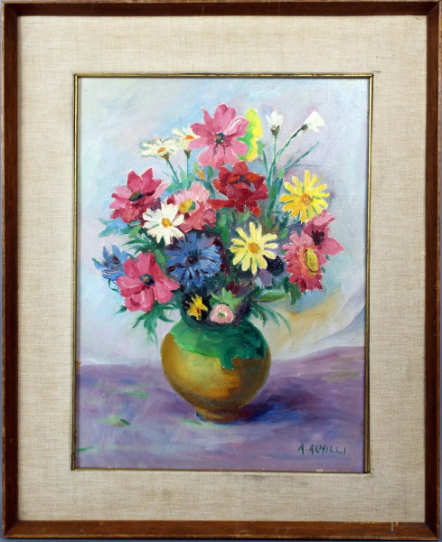 Achilli Antonio, vaso con fiori, olio su cartone telato, 40x30cm entro cornice.