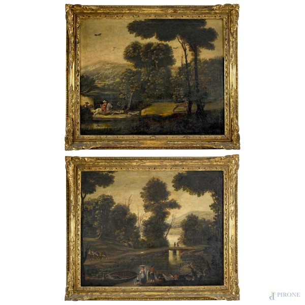 Coppia di dipinti raffiguranti paesaggi con figure, olio su tela, cm 79x99, XVIII secolo, (difetti)