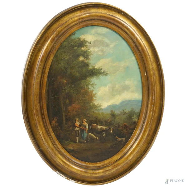 Anonimo del XIX secolo, Scena di corteggiamento entro un paesaggio, olio su tela in assetto ovale, cm 77x55,5, entro cornice