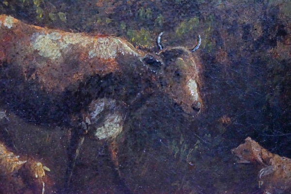 Anonimo del XIX secolo, Scena di corteggiamento entro un paesaggio, olio su tela in assetto ovale...