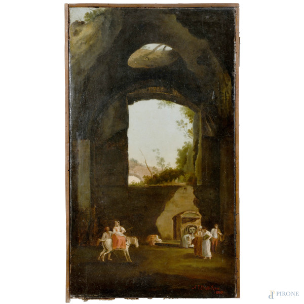 Scena di vita romana, XIX secolo, olio su tela, cm 68x39, firmato e datato in basso a destra, (segni di usura, abrasioni, sollevamenti di colore, ondulazioni del supporto)