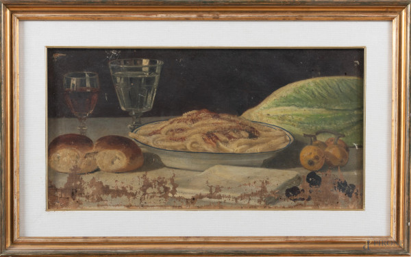 Tavola imbandita, XX secolo, olio su tela, cm 30x55, entro cornice, (segni di usura, abrasioni, cadute di colore)