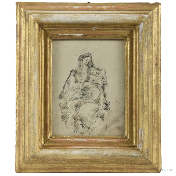 Madonna con Bambino, XX secolo, inchiostro su carta, cm 21x16,5, entro cornice, (tracce di umidità, segni di usura, foxing, gore, ondulazioni della carta, difetti)