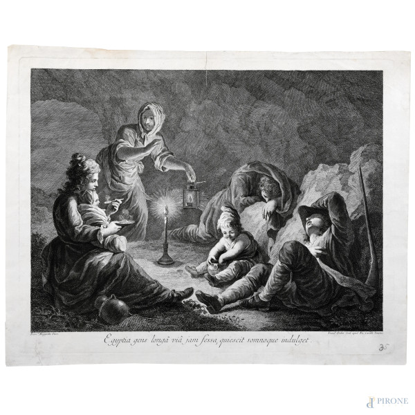 Il riposo, XVIII-XIX secolo, incisione su carta, cm 37x47, (segni di usura, tracce di umidità, gore, foxing, lacerazioni della carta, tracce di piegatura)