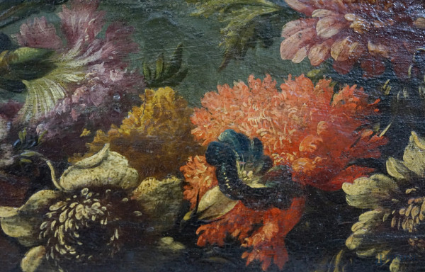 Scuola romana tra XVII-XVIII secolo, Ghirlanda di fiori e farfalle, olio su tavola, cm 56x56, ent...