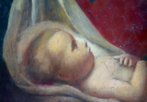 Madonna con Bambino, olio su tela, XX secolo, cm 76,5x66, entro cornice (difetti)