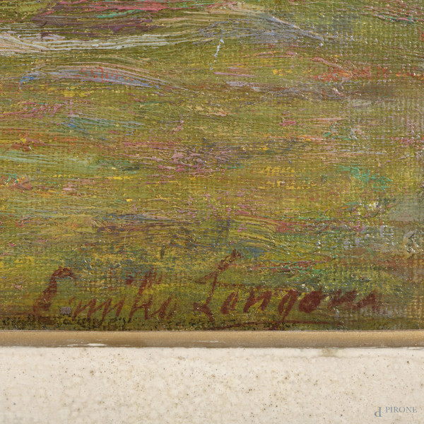 Paesaggio montano, inizio del XX secolo, olio su cartone telato, cm 27x40, firmato in basso a des...