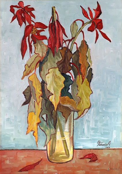 Vaso con fiori, olio su tela, cm 70x50, firmato e datato Staccioli 1967