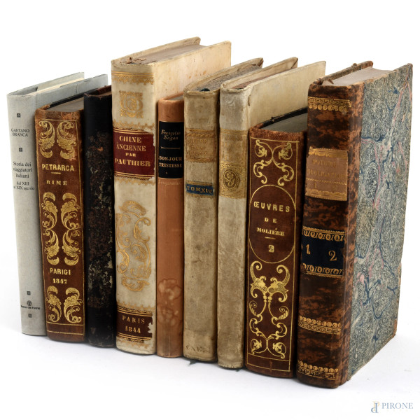Lotto di 9 libri di vario argomento ed epoca(gore, difetti, umidità e strappi)