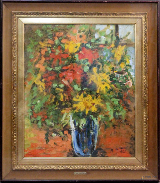 Vaso con fiori, olio su tela, cm. 60x50, firmato, entro cornice.