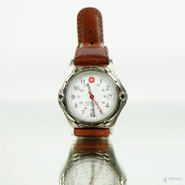 Wenger S.A.K. Design, orologio da polso da uomo con cinturino in cuoio, lunghezza cm 24,5, entro custodia, (segni del tempo, meccanismo da revisionare).