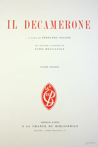 G.Boccaccio, Il Decamerone a cura di F. Palazzi, 101 tavole a colori di Gino Boccasile, volume secondo, Edizioni d'arte A la chance du Bibliophile, Milano, (segni del tempo).