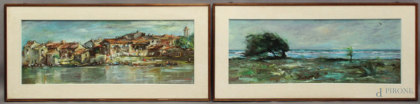 Coppia di paesaggi a soggetti diversi, dipinti ad olio su tela, cm 30 x 75, entro cornice.