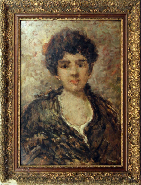 Ritratto di ragazza, olio su cartoncino, cm 52x37, firmato, entro cornice.