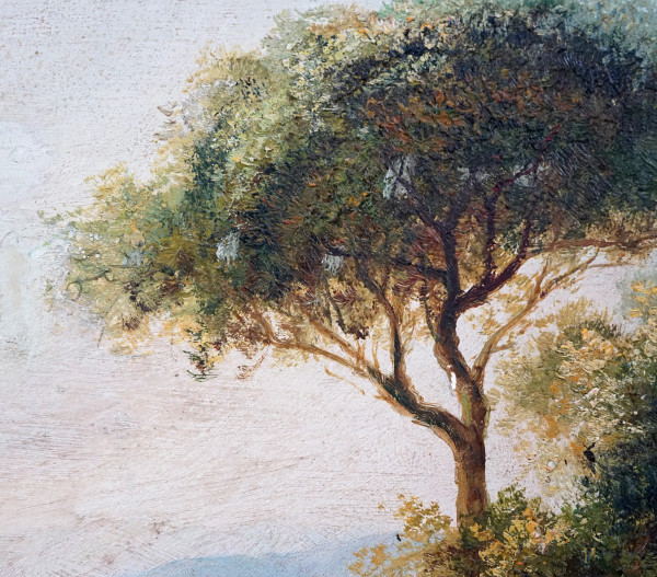 Paesaggio con figure, olio su tavola, firmato, cm 44x73, entro cornice