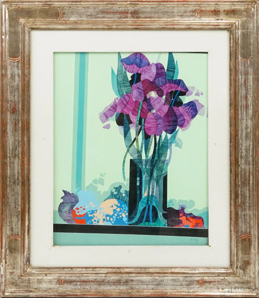 Giancarlo Isola - Vaso con fiori, acrilico su tela, cm 50x40, entro cornice.