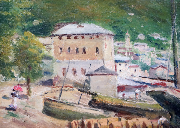 Veduta lacustre con imbarcazioni, olio su tela, cm 35x50, firmato Silvio Poma, entro cornice