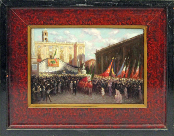 Parata a Roma ventiquattro Maggio 1915, olio su cartone, 30x20 cm, entro cornice 