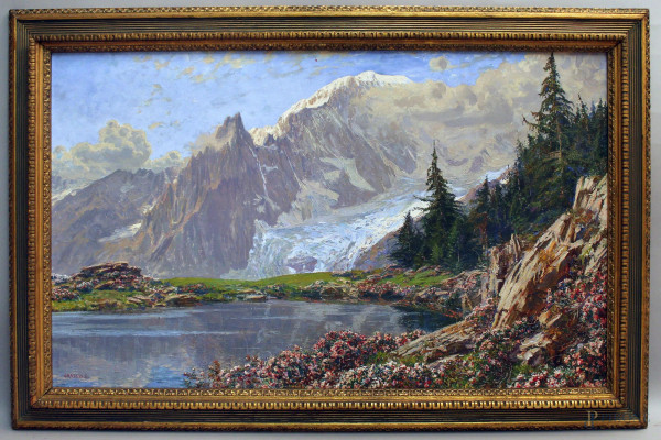 Giuseppe Grassis - Paesaggio montano, olio su tela, cm 80x131, entro cornice.