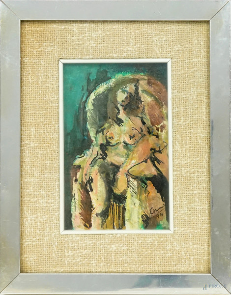 Nudo di donna, tecnica mista su cartone telato, cm 18x11, firmato, entro cornice.