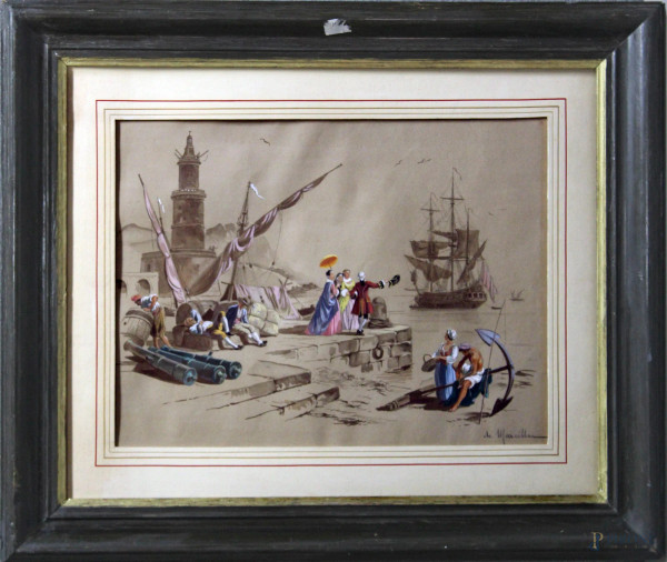 Porto con barche e figure, tecnica mista su carta, 45x60 cm, entro cornice firmato