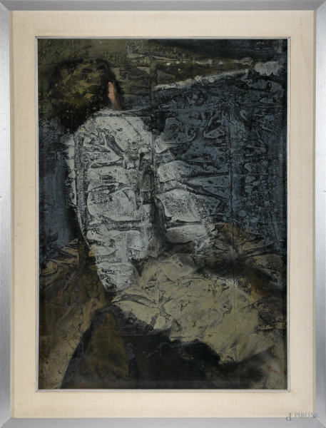 Ausonio Tanda (1926-1988), Figura di spalle, tecnica mista su tela, firmato e datato "62" in basso a destra, entro cornice