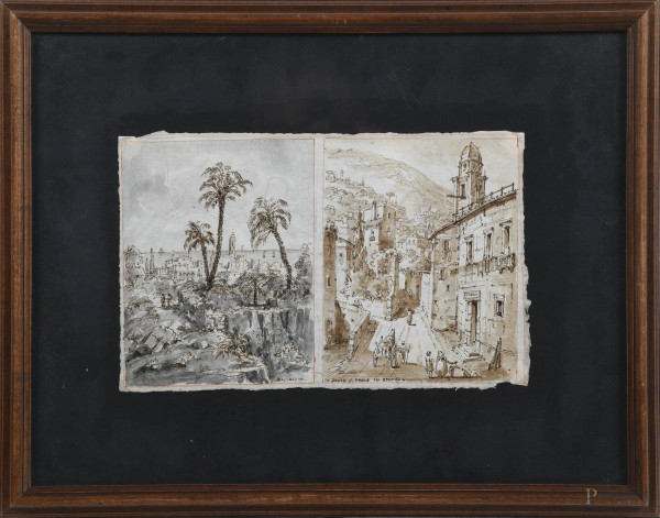 Disegno a tecnica mista su carta raffigurante Veduta di Bordighera e Salita S. Paolo in Genova, XIX-XX secolo, cm 20x31, entro cornice (segni di usura, lacerazioni, tracce di umidità, foxing, ondulazioni della carta)