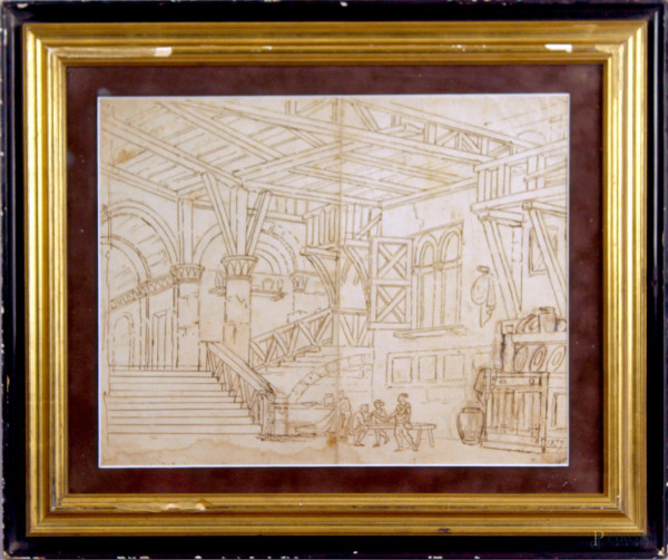Interno di palazzo con figure, inchiostro su carta, cm. 33,5x42, datato 1879, entro cornice.