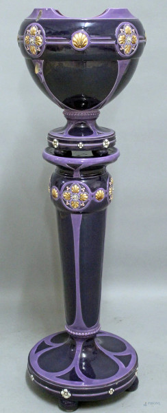 Colonna con cachepot in maiolica con decori floreali, H 106 cm, anni &#39;40.