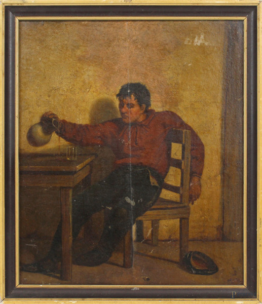 Bevitore in osteria, olio su tavola, cm 25,5x21, XX secolo, entro cornice, (difetti).