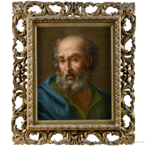 San Pietro, XVIII secolo, olio su tela, cm 46x39, entro cornice, (craquelure, sollevamenti di colore)
