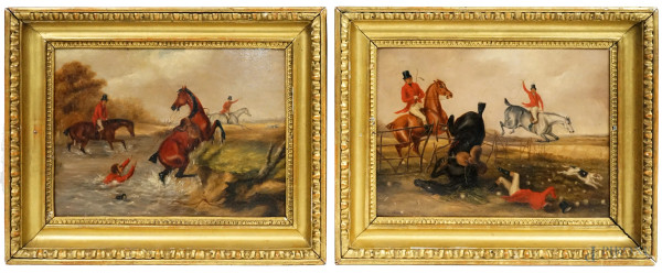 Pittore inglese del XIX secolo, Coppia di dipinti ad olio su cartone raffiguranti scene di caccia, cm 23x31, entro cornici, (difetti)