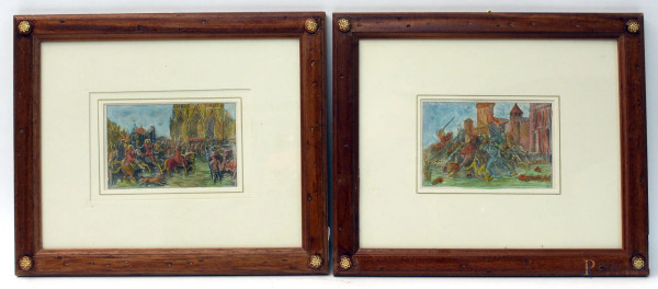 Scene di battaglie, coppia litografie acquarellate, cm 9x14, entro cornice.