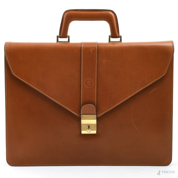 Borsa cartella Fendi in pelle marrone, cm 31,5x42x6, (segni di usura)