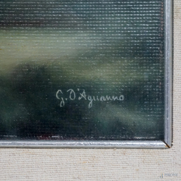 Due dipinti realizzati ad olio su cartone telato raffiguranti spiaggia e scorcio lacustre, cm 15,...