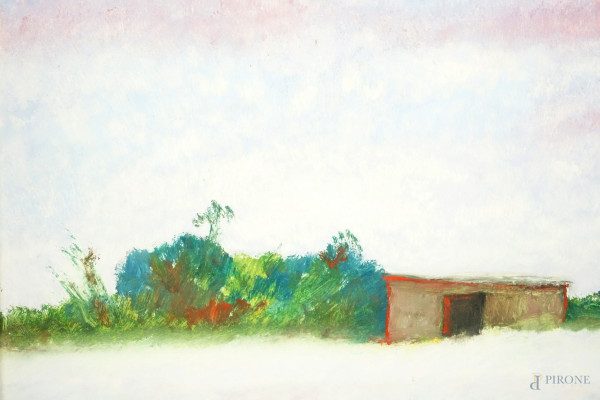 Paesaggio, olio su cartone, cm 25x35, firmato Omiccioli, entro cornice
