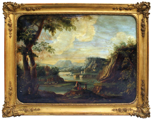 Paesaggio fluviale con figure, olio su tela, cm 76x98, fine XVIII sec., entro cornice.