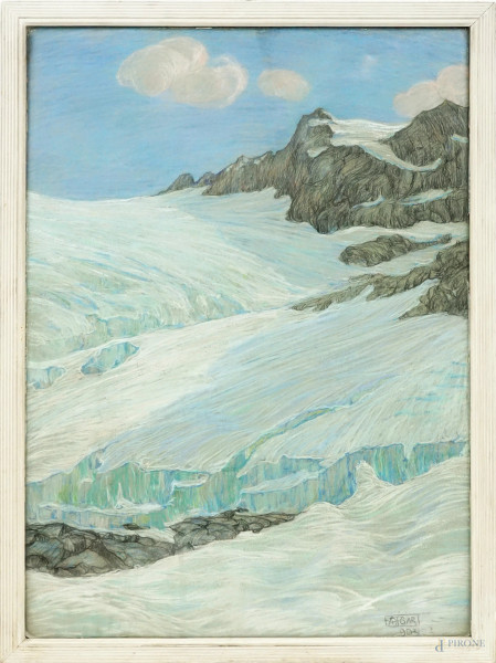 Paesaggio montano innevato, tecnica mista su carta, cm 58x42, firmato, in cornice